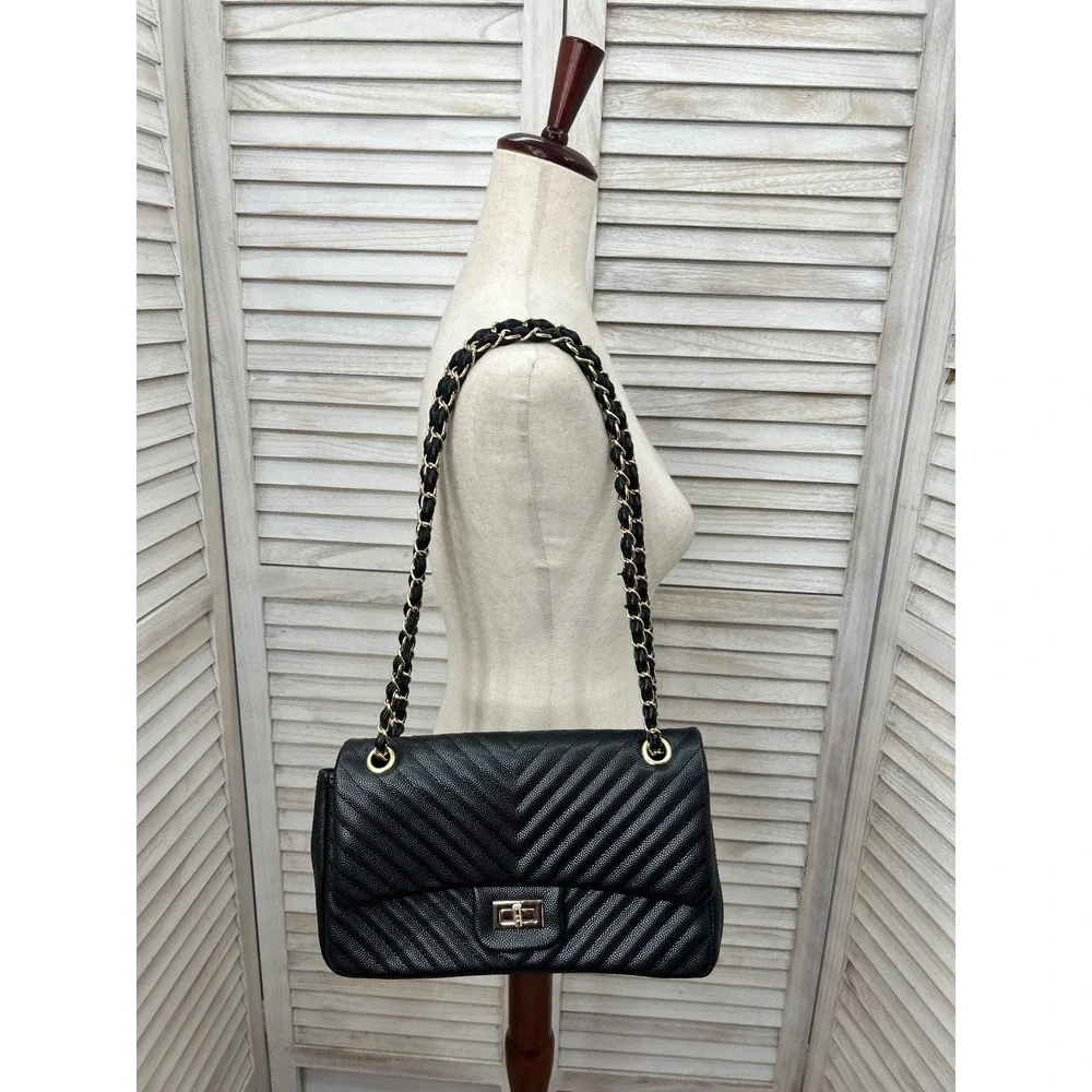 Black Quilted Flap Bag Large Purse Convertible Chevron Minimalist lux